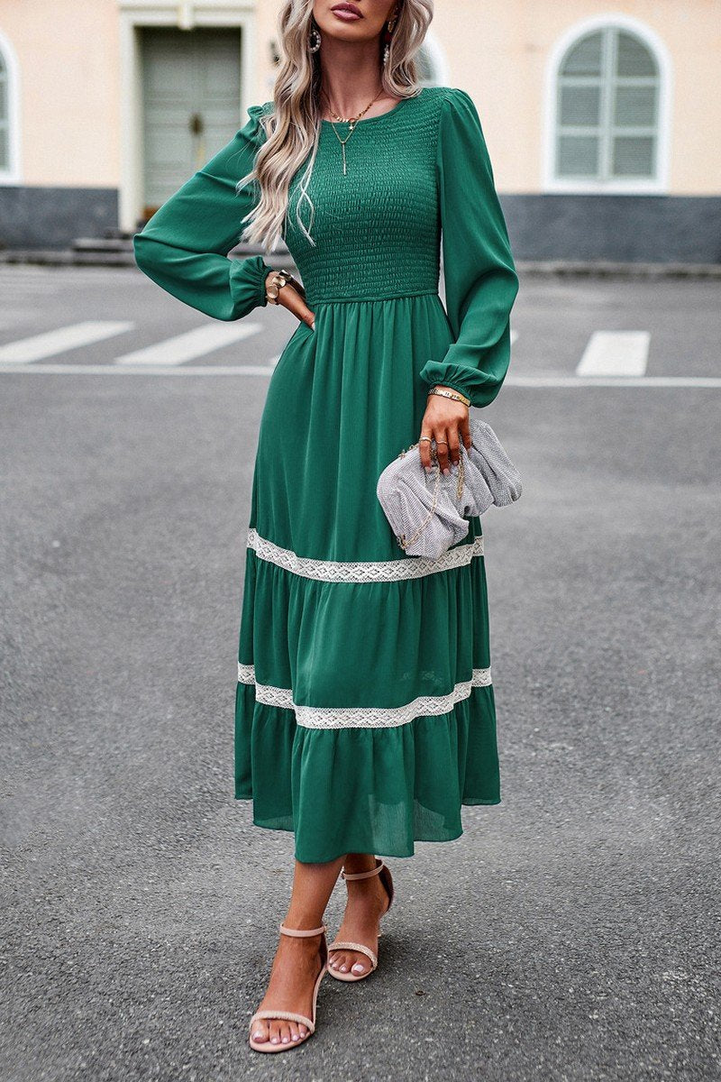 WOMEN LACE TRIM LONG SLEEVE ELEGANT MAXI DRESS