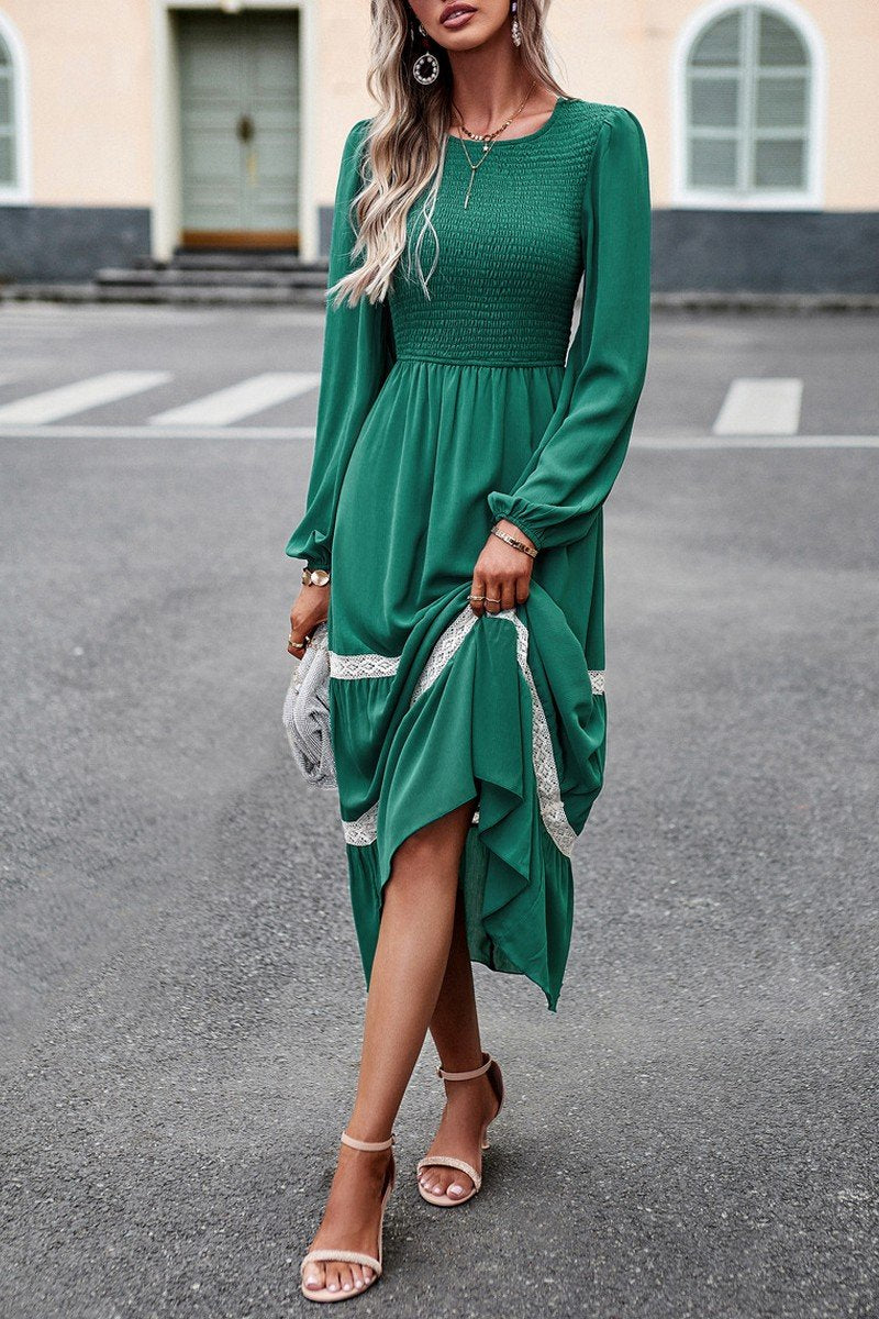 WOMEN LACE TRIM LONG SLEEVE ELEGANT MAXI DRESS