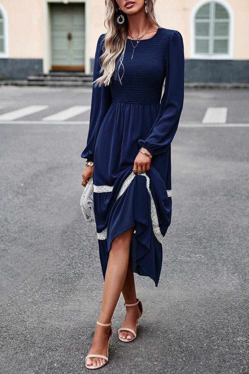 WOMEN LACE TRIM LONG SLEEVE ELEGANT MAXI DRESS