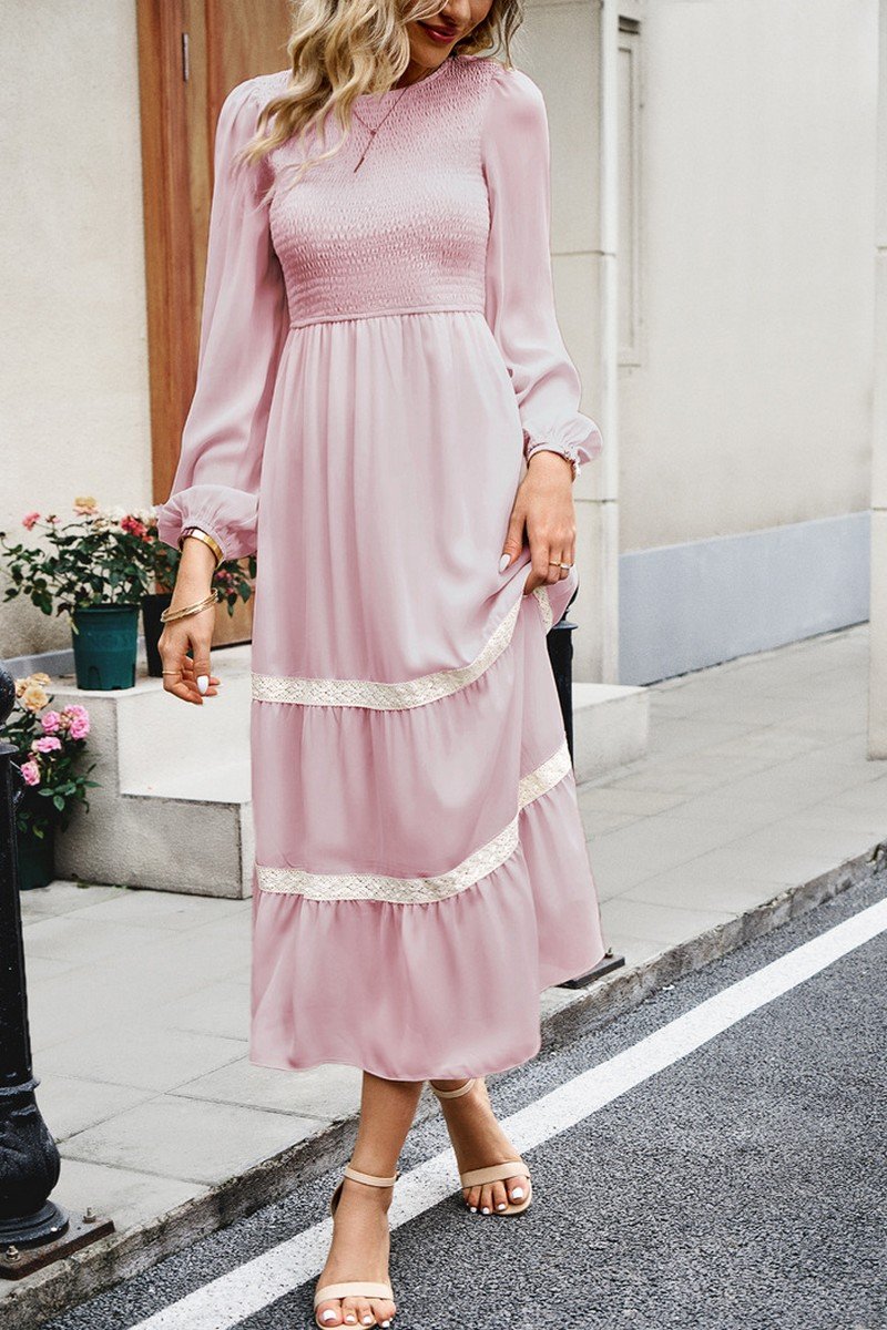 WOMEN LACE TRIM LONG SLEEVE ELEGANT MAXI DRESS