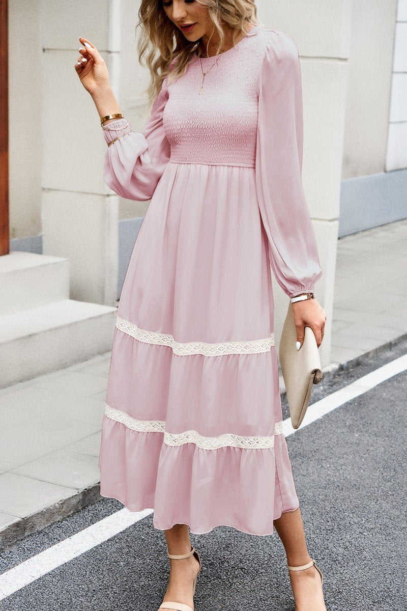 WOMEN LACE TRIM LONG SLEEVE ELEGANT MAXI DRESS