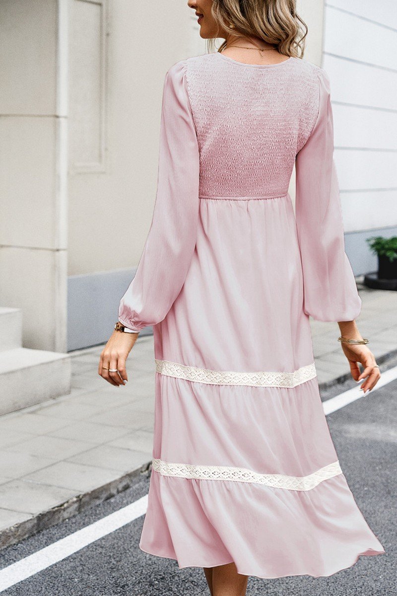 WOMEN LACE TRIM LONG SLEEVE ELEGANT MAXI DRESS