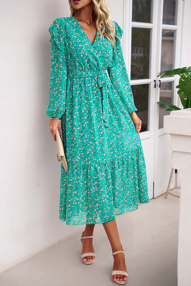 WOMEN CAPE LONG SLEEVE HIGH WAIST FLORAL DRESS