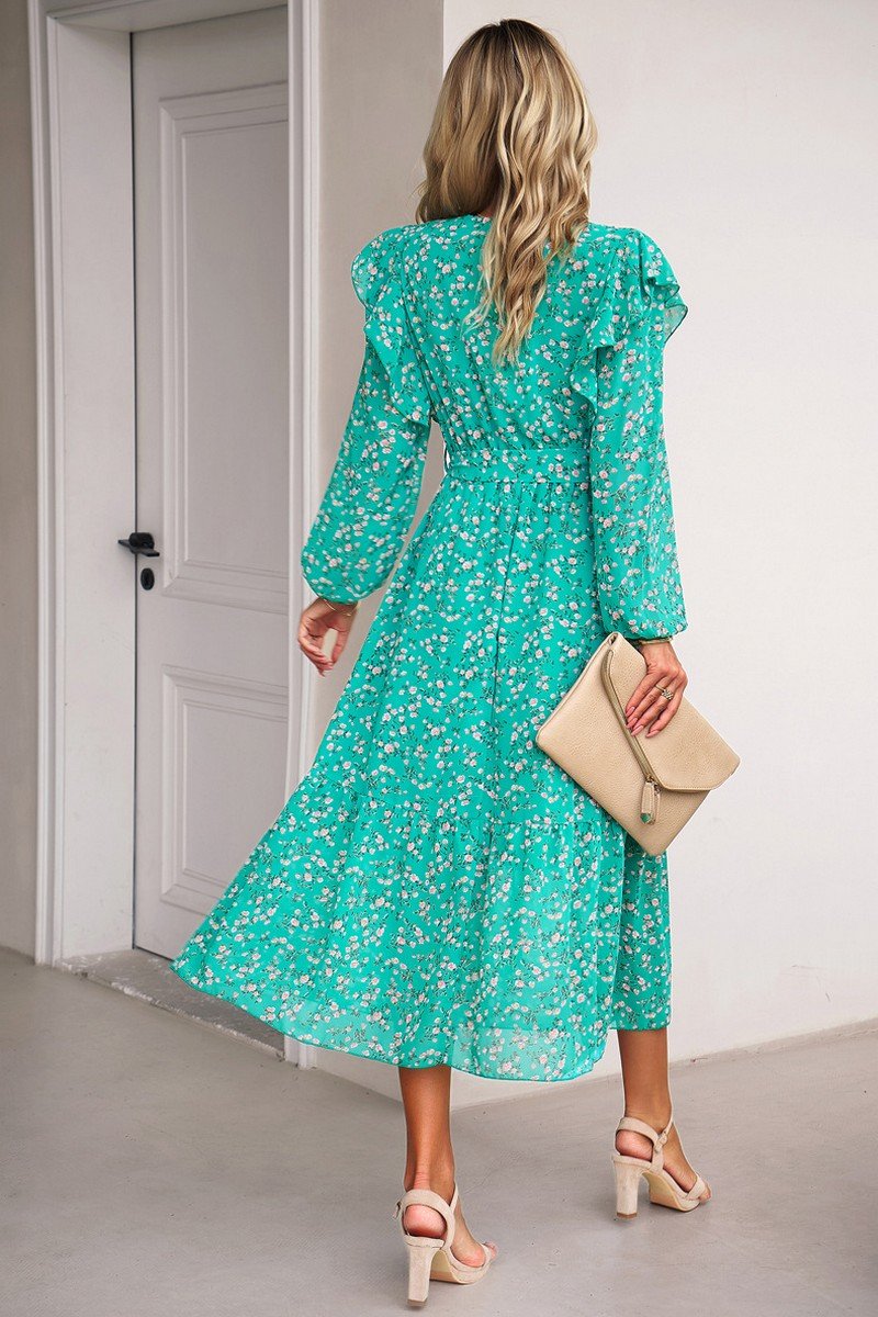 WOMEN CAPE LONG SLEEVE HIGH WAIST FLORAL DRESS