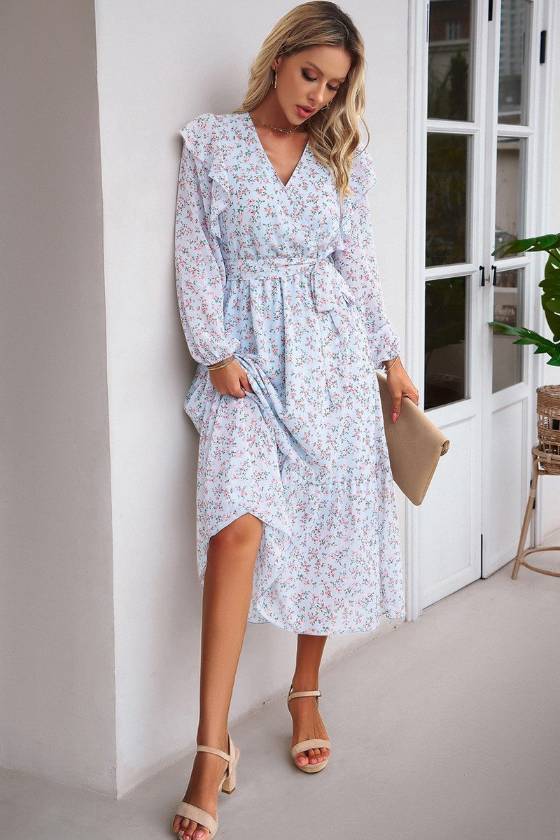 WOMEN CAPE LONG SLEEVE HIGH WAIST FLORAL DRESS