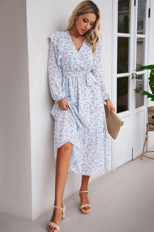 WOMEN CAPE LONG SLEEVE HIGH WAIST FLORAL DRESS