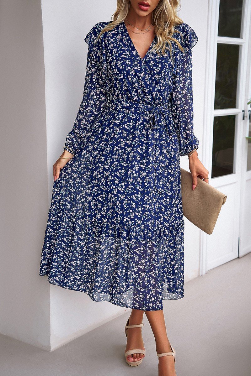 WOMEN CAPE LONG SLEEVE HIGH WAIST FLORAL DRESS
