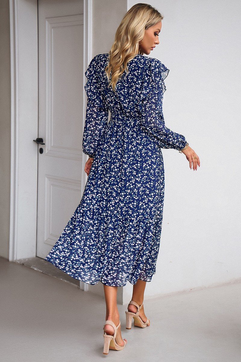 WOMEN CAPE LONG SLEEVE HIGH WAIST FLORAL DRESS
