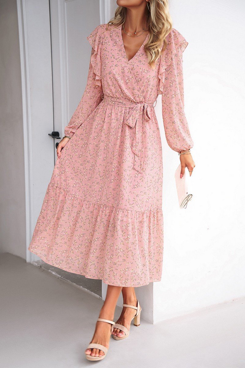 WOMEN CAPE LONG SLEEVE HIGH WAIST FLORAL DRESS