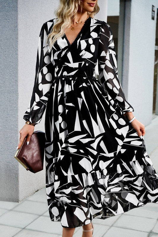 WOMEN PATTERNED ELEGANT V NECK LONG SLEEVE DRESS