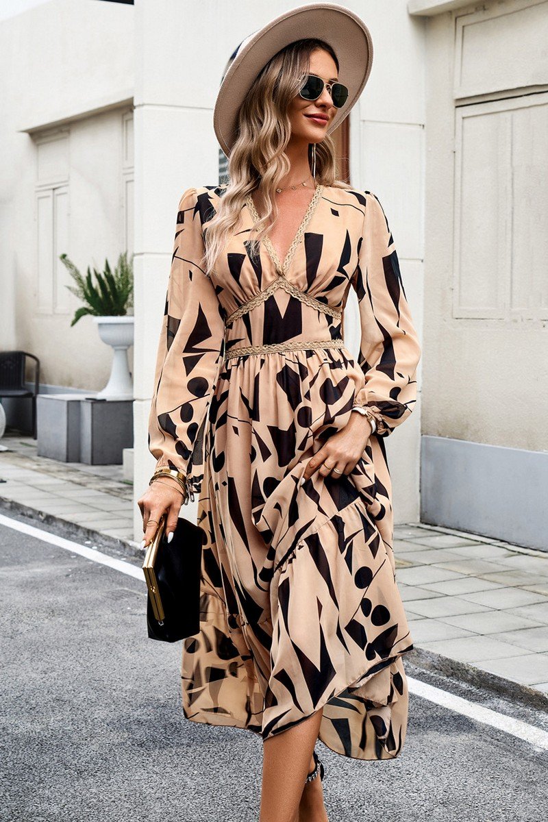 WOMEN PATTERNED ELEGANT V NECK LONG SLEEVE DRESS