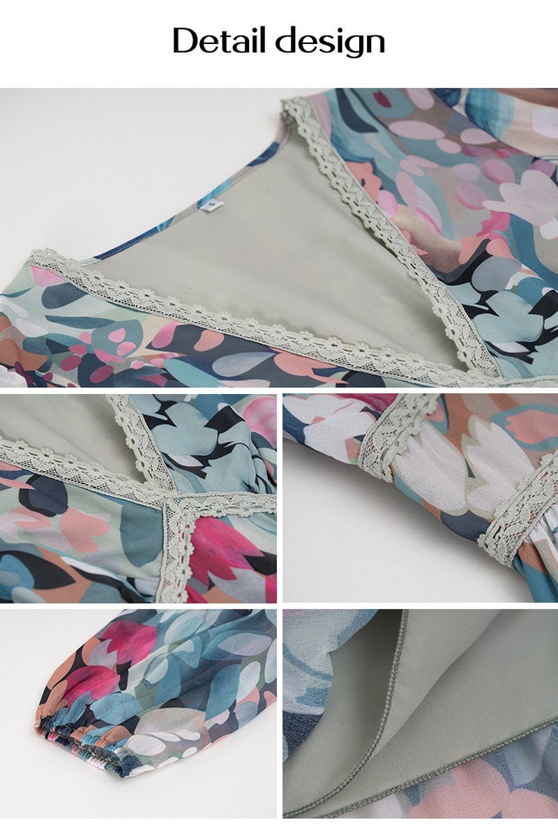 WOMEN PATTERNED ELEGANT V NECK LONG SLEEVE DRESS