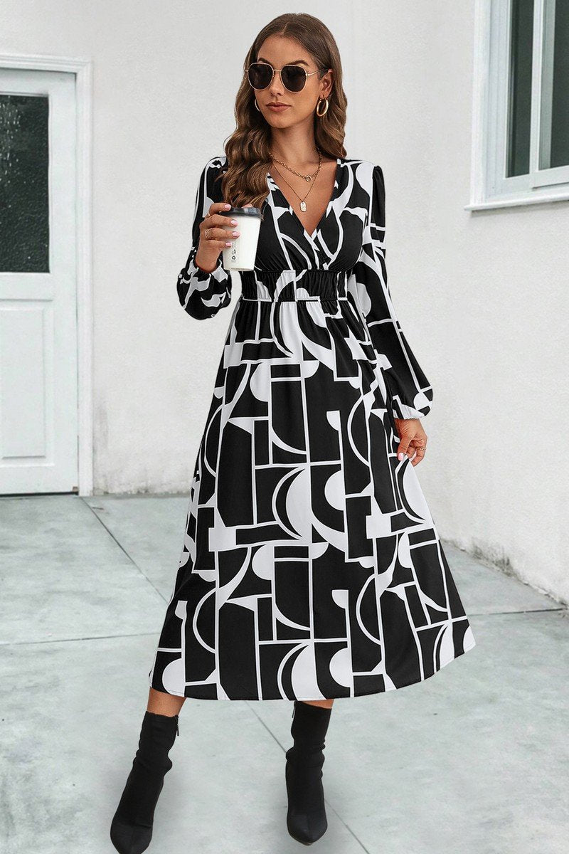 WOMEN ELASTIC WAIST V NECK PATTERNED LONG DRESS