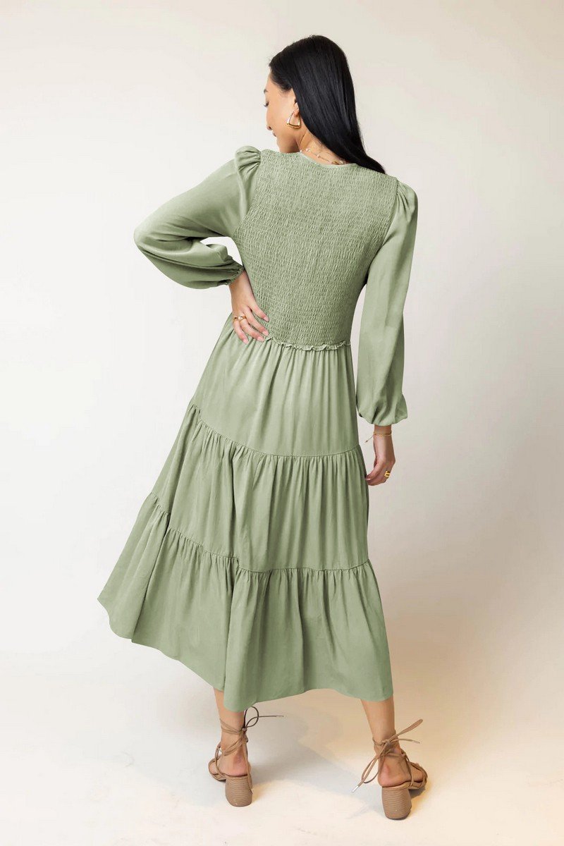 WOMEN LONG SLEEVE SMOCKED TIERED NEW AUTUM DRESS