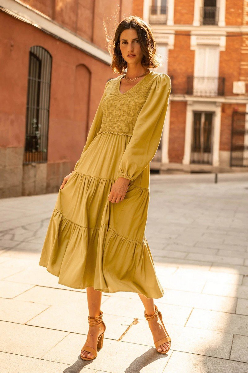 WOMEN LONG SLEEVE SMOCKED TIERED NEW AUTUM DRESS