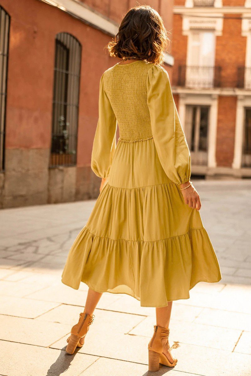 WOMEN LONG SLEEVE SMOCKED TIERED NEW AUTUM DRESS