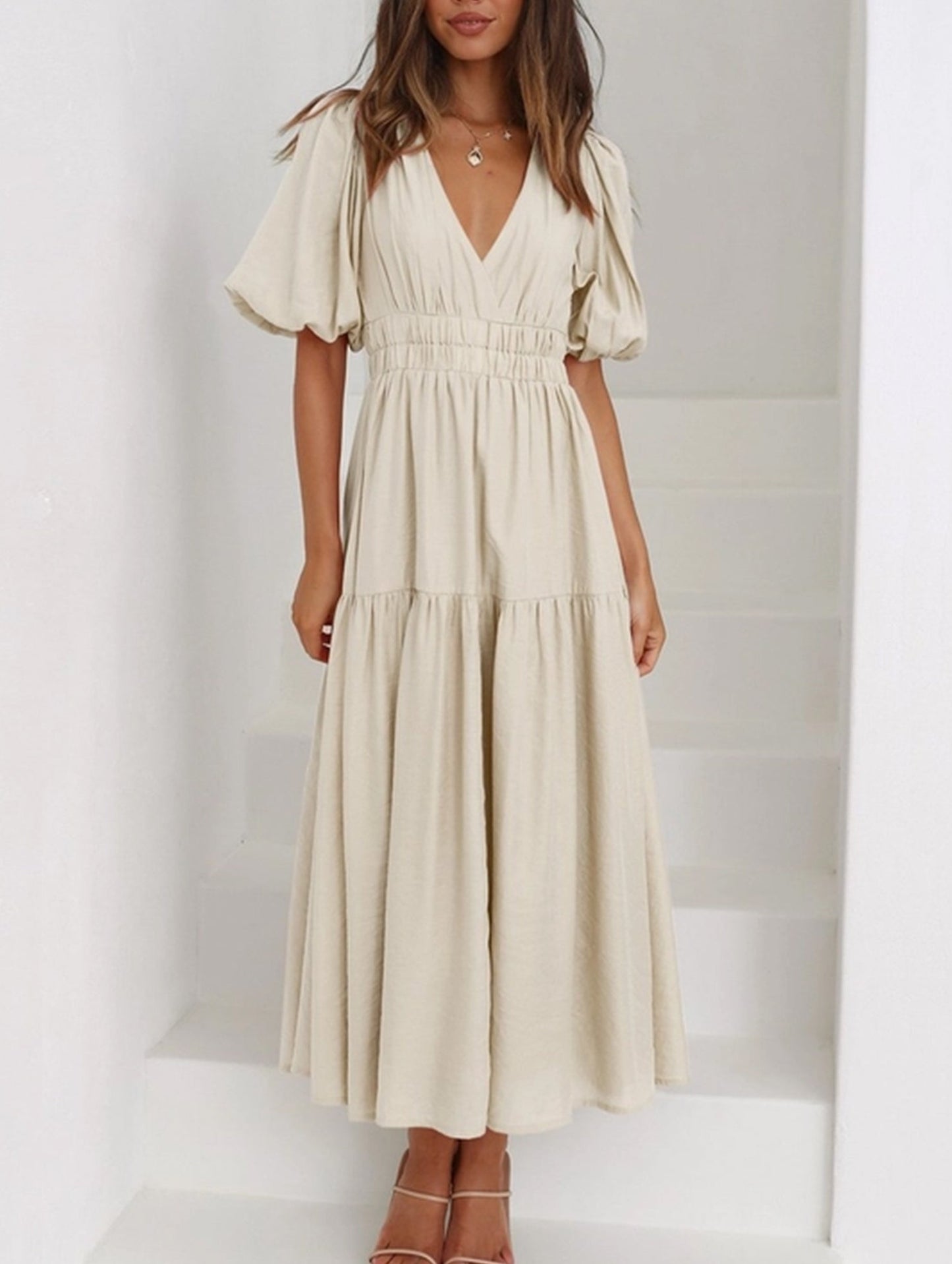 Solid Color Dark V Lantern Sleeve Dress