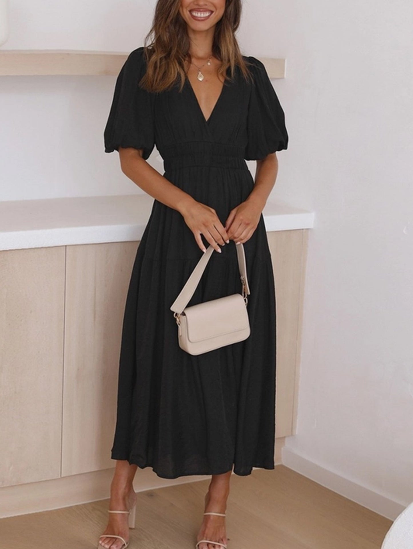 Solid Color Dark V Lantern Sleeve Dress