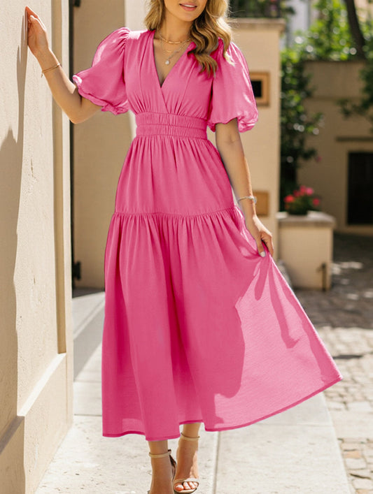 Solid Color Dark V Lantern Sleeve Dress