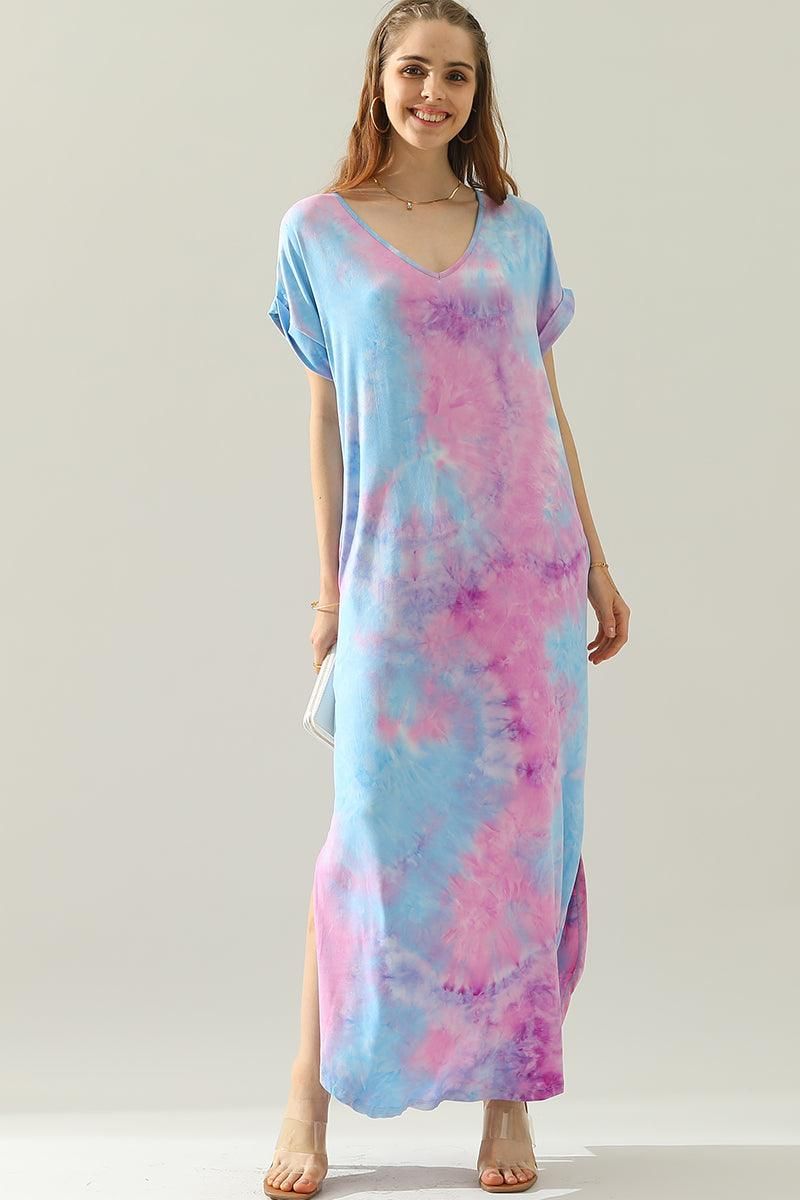 SHORT SLEEVE V-NECK MAXI DRESS WITH SIDE SLIT - Doublju