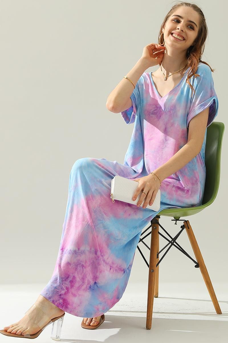 SHORT SLEEVE V-NECK MAXI DRESS WITH SIDE SLIT - Doublju