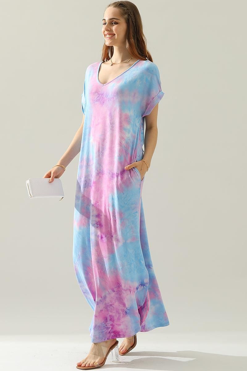 SHORT SLEEVE V-NECK MAXI DRESS WITH SIDE SLIT - Doublju