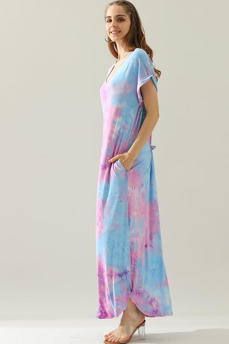SHORT SLEEVE V-NECK MAXI DRESS WITH SIDE SLIT - Doublju