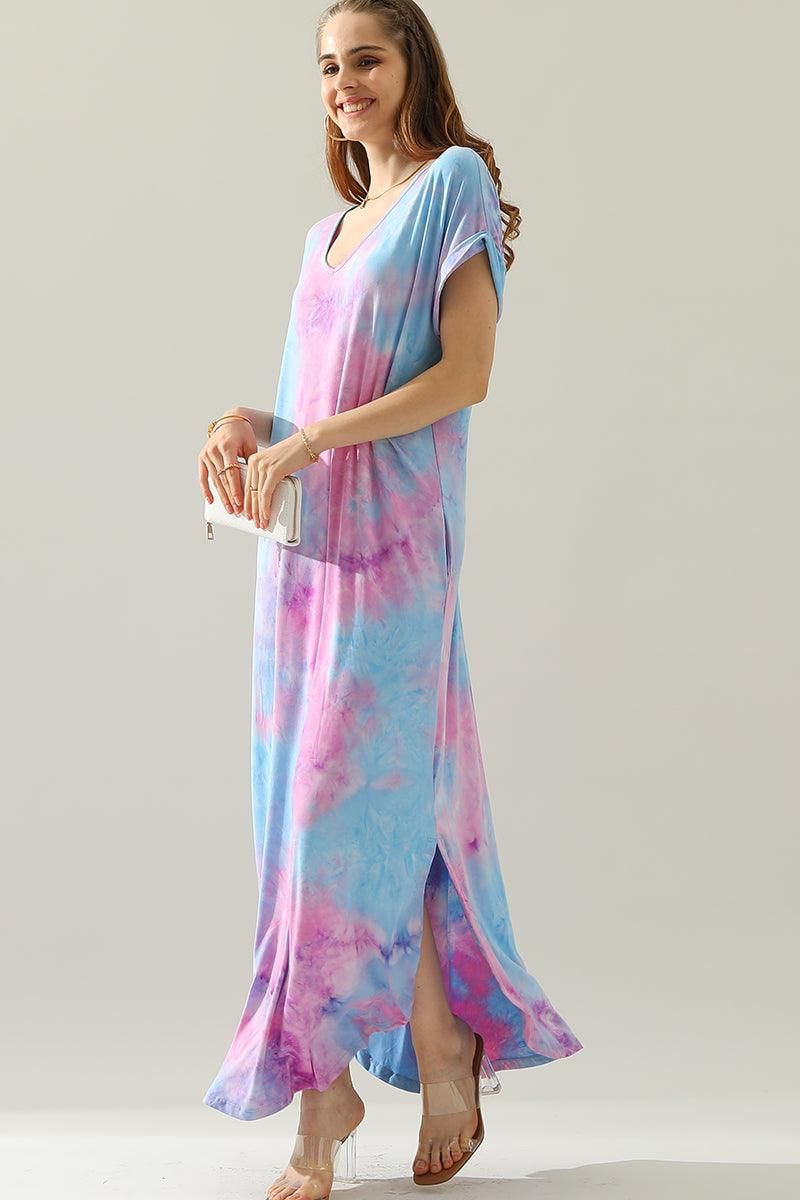 SHORT SLEEVE V-NECK MAXI DRESS WITH SIDE SLIT - Doublju