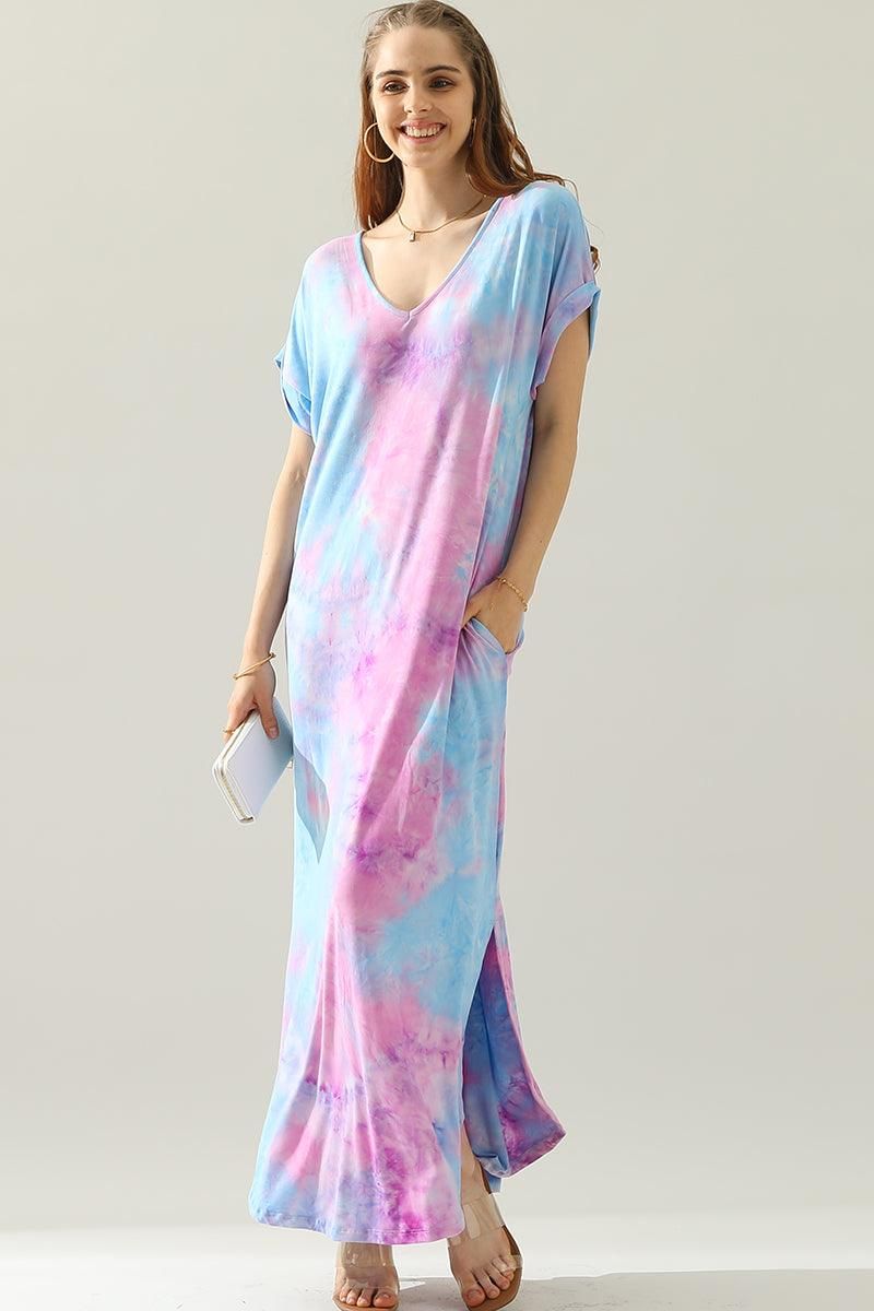 SHORT SLEEVE V-NECK MAXI DRESS WITH SIDE SLIT - Doublju