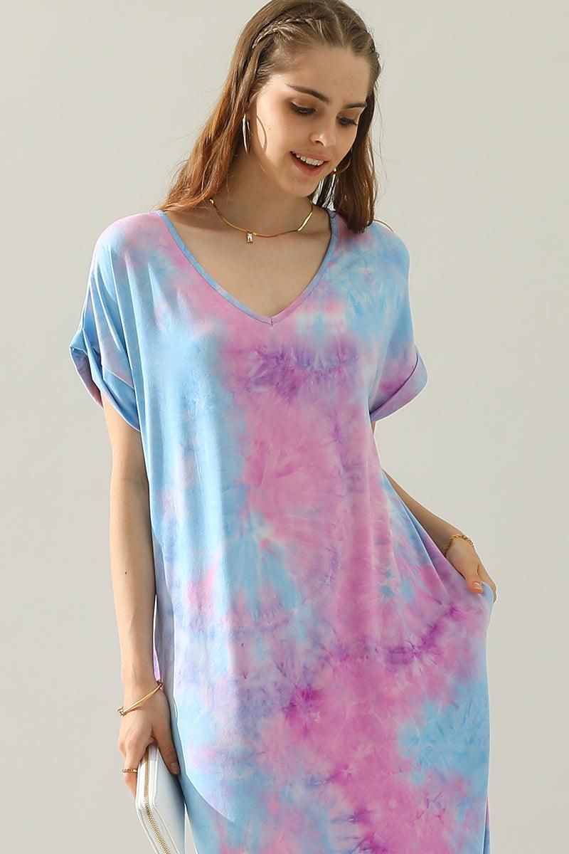 SHORT SLEEVE V-NECK MAXI DRESS WITH SIDE SLIT - Doublju