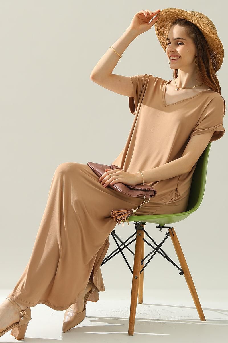 SHORT SLEEVE V-NECK MAXI DRESS WITH SIDE SLIT - Doublju