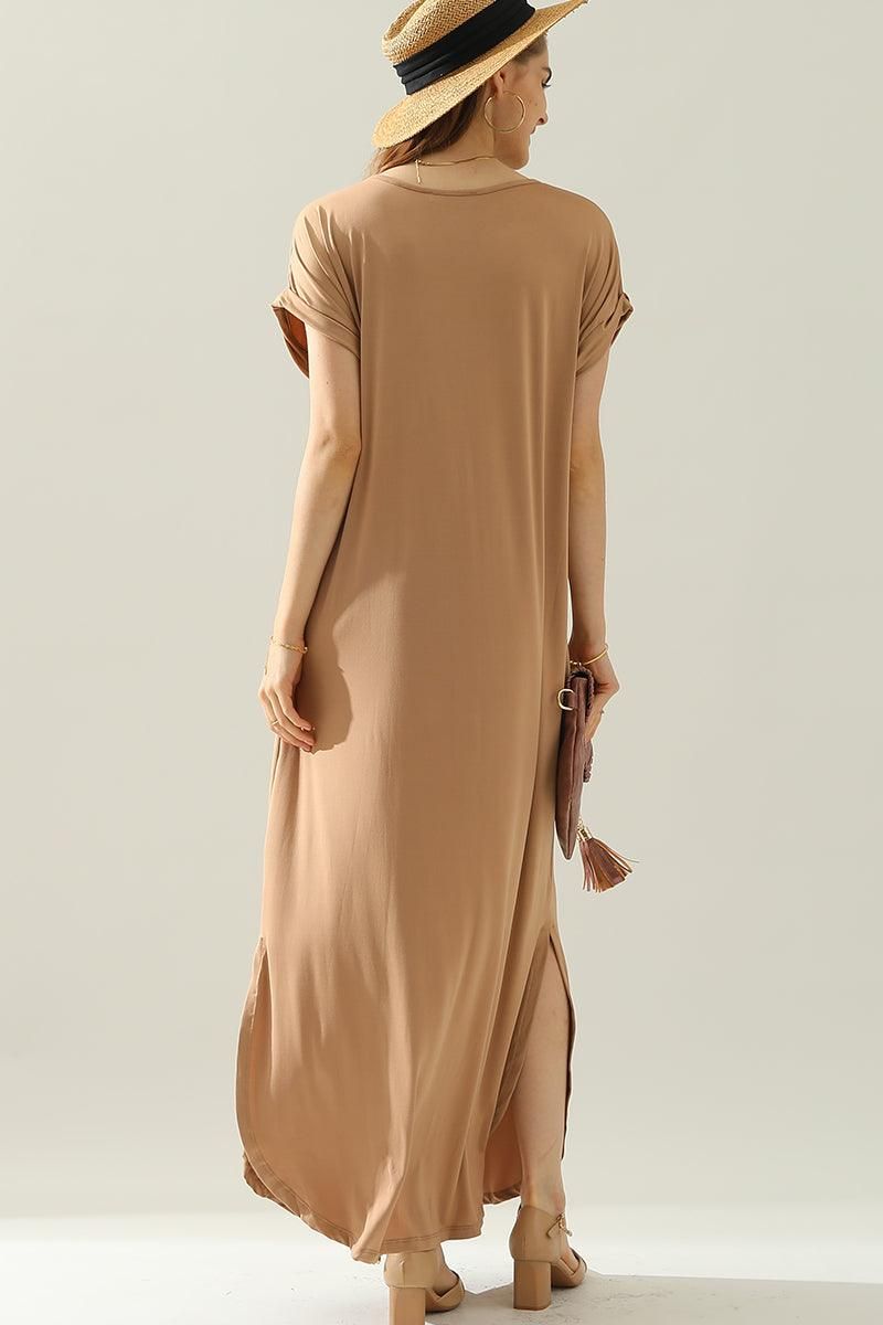 SHORT SLEEVE V-NECK MAXI DRESS WITH SIDE SLIT - Doublju