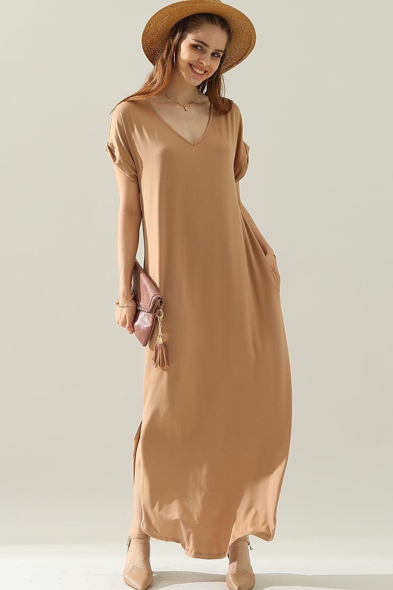 SHORT SLEEVE V-NECK MAXI DRESS WITH SIDE SLIT - Doublju