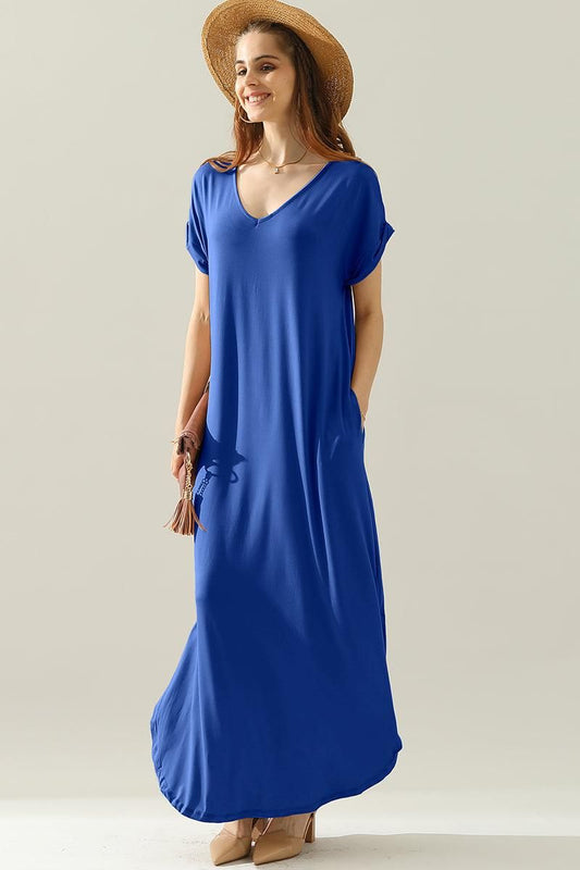 SHORT SLEEVE V-NECK MAXI DRESS WITH SIDE SLIT - Doublju
