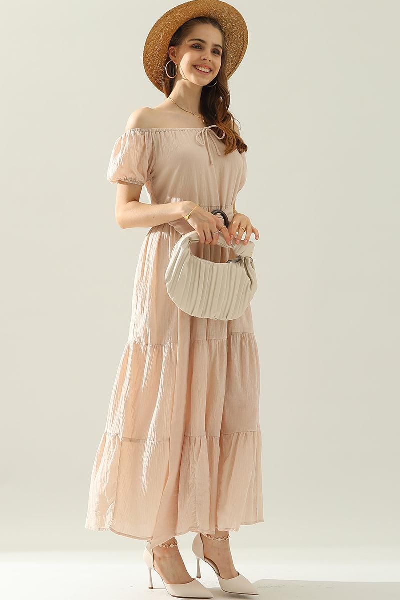 TIERED OFF SHOULDER SHORT SLEEVE MAXI DRESS - Doublju
