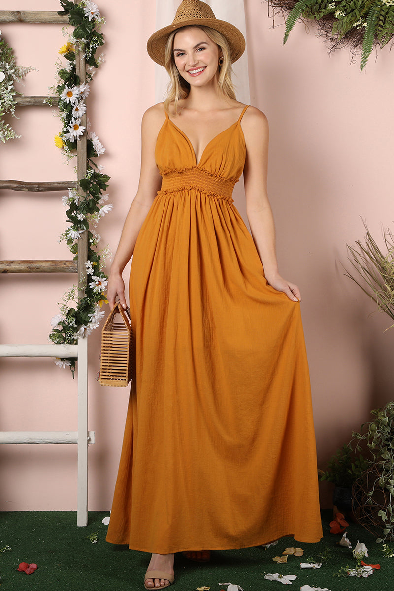 SMOCKING WAIST MAXI DRESS WITH ADJUSTABLE STRAP