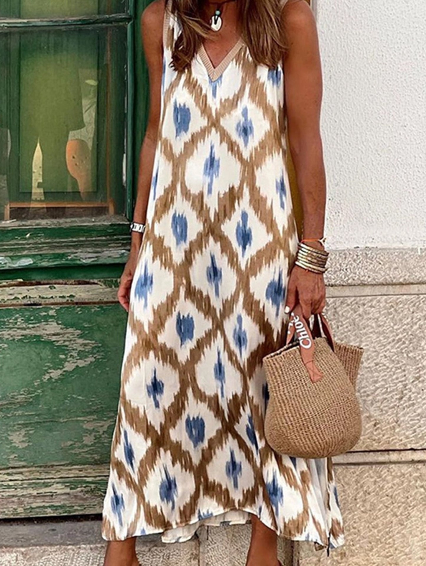 Printed V-Neck Slit Long Dress ??Lightweight Cardigan-Style Maxi