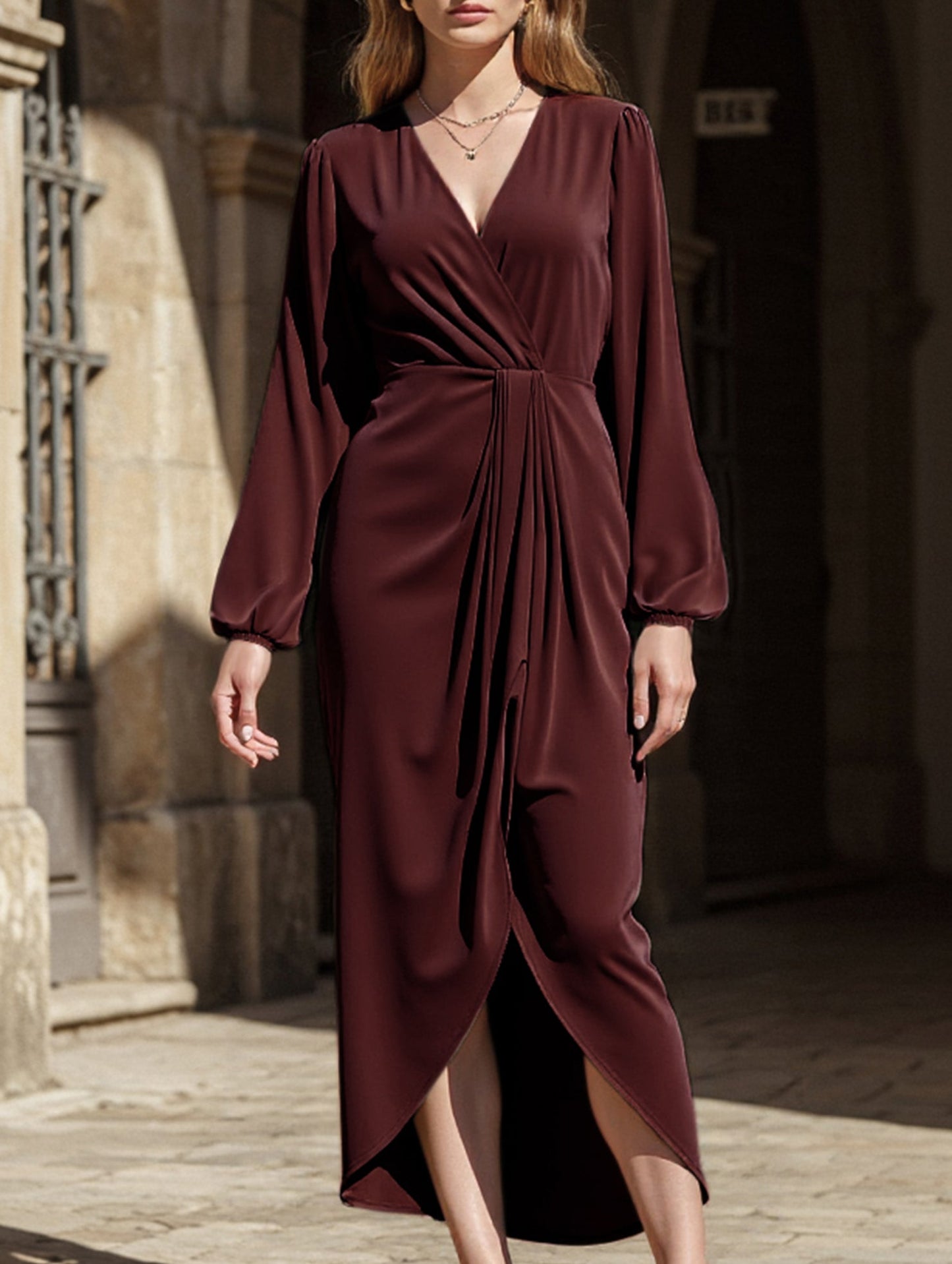 LONG-SLEEVED DRESS WITH CROSS-NECK PLEATS AND SLIT