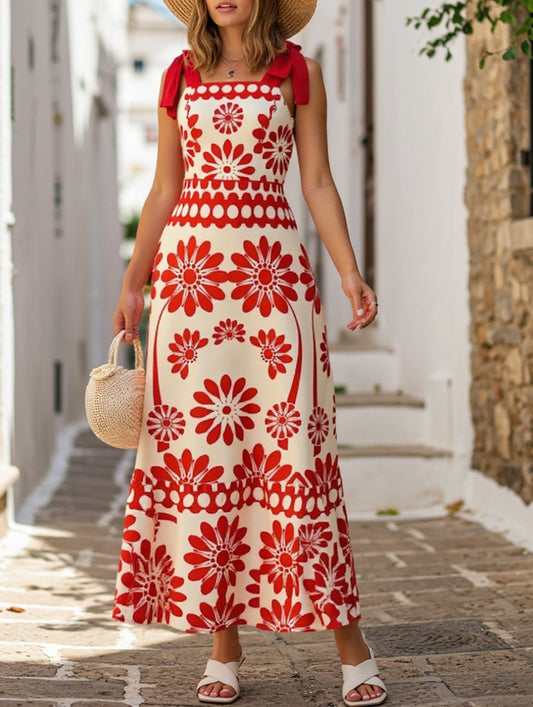 Boho Chic Locked-Down Floral Strap Dress ??Sleeveless A-Line Summer Maxi Dress