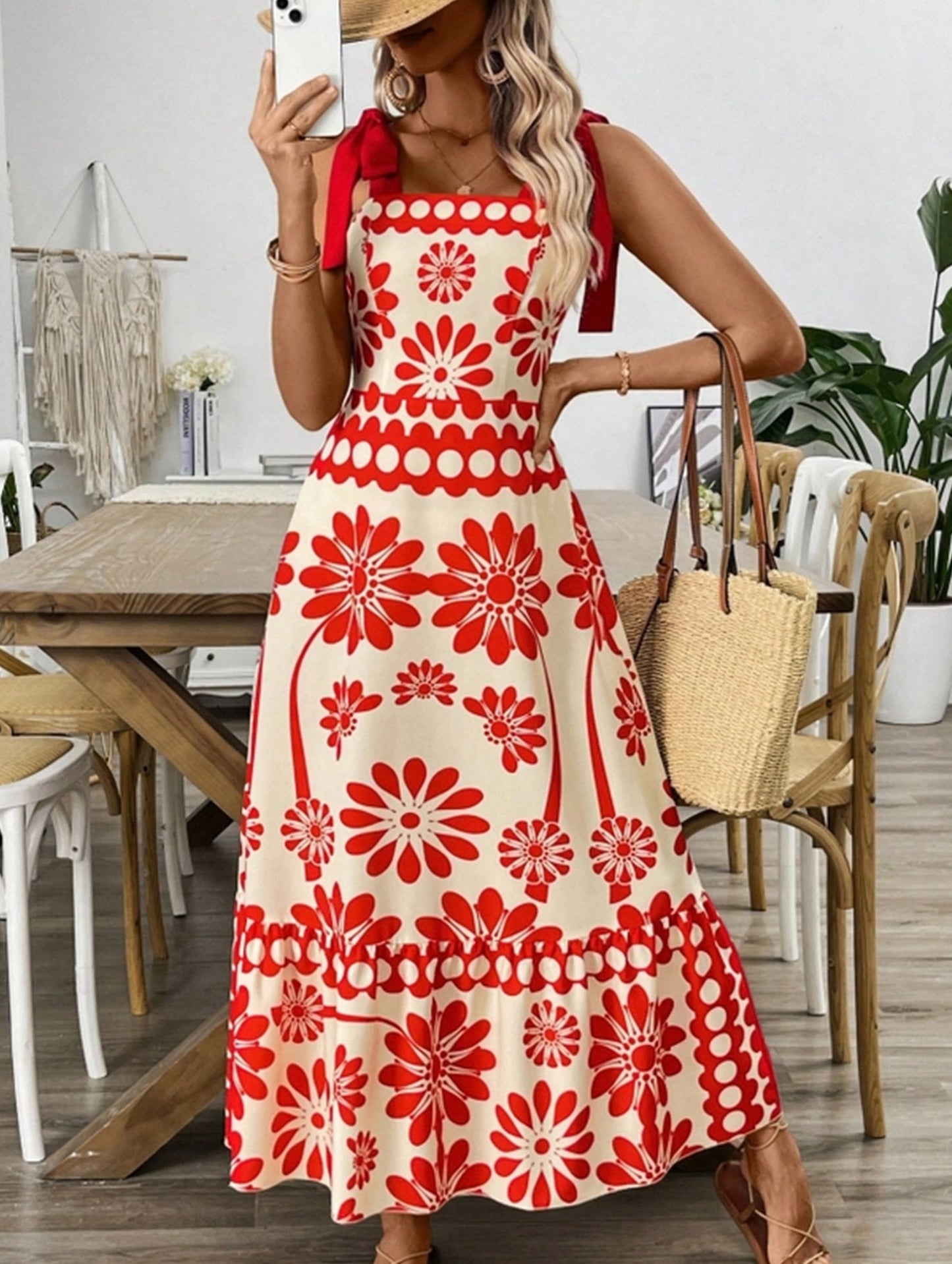 Boho Chic Locked-Down Floral Strap Dress ??Sleeveless A-Line Summer Maxi Dress