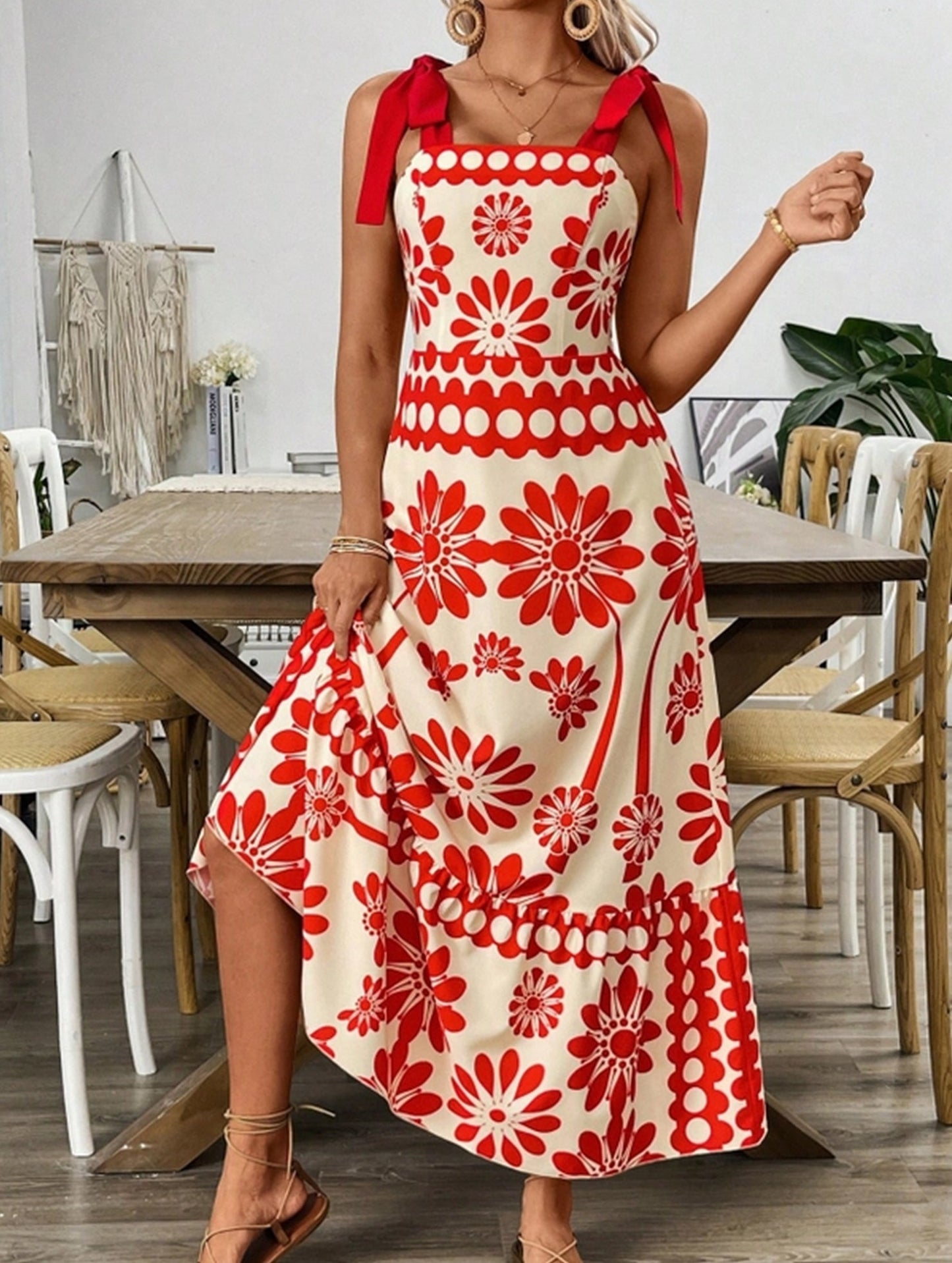 Boho Chic Locked-Down Floral Strap Dress ??Sleeveless A-Line Summer Maxi Dress