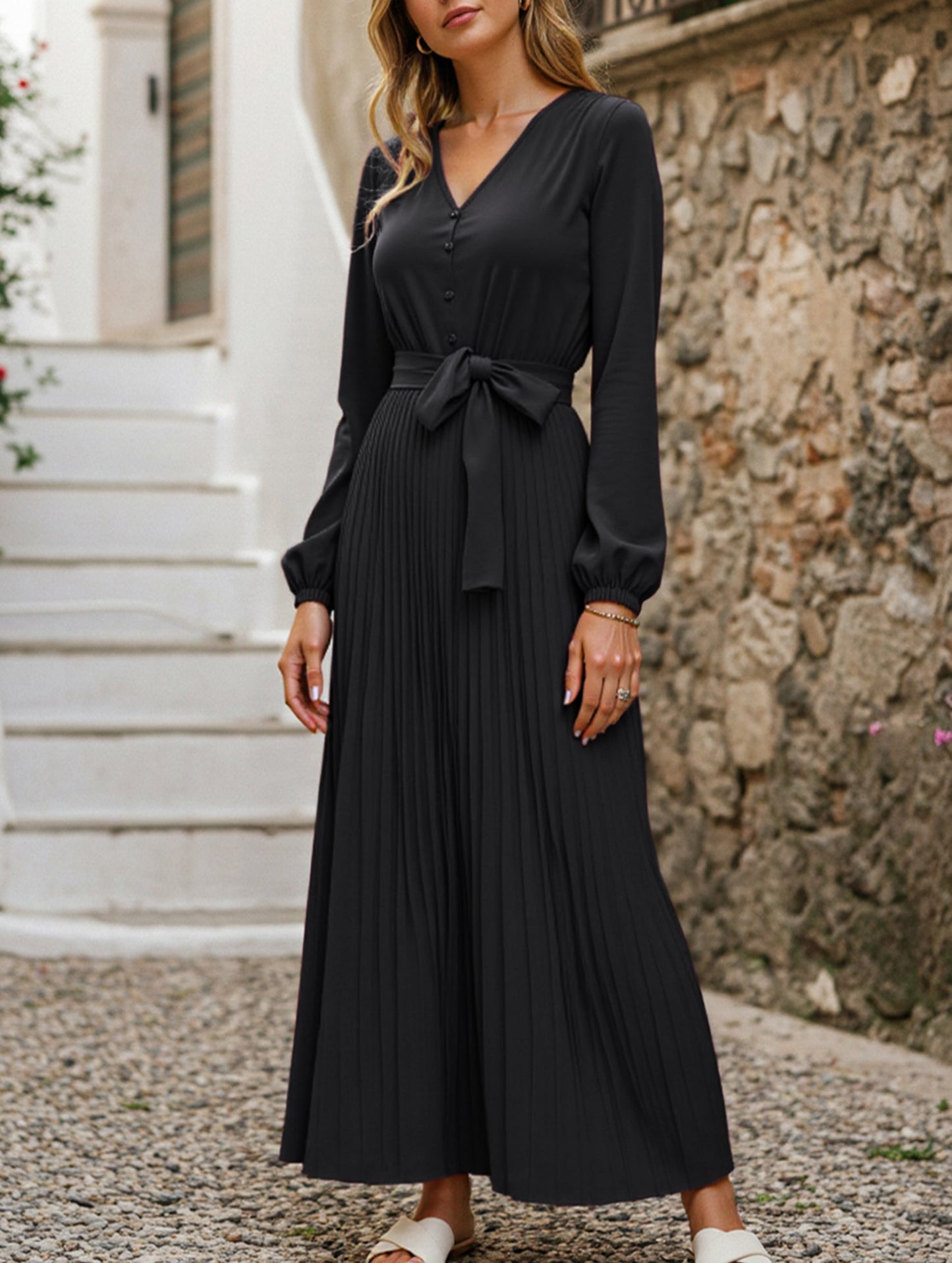 V-NECK BUTTON-UP LONG PLEATED DRESS