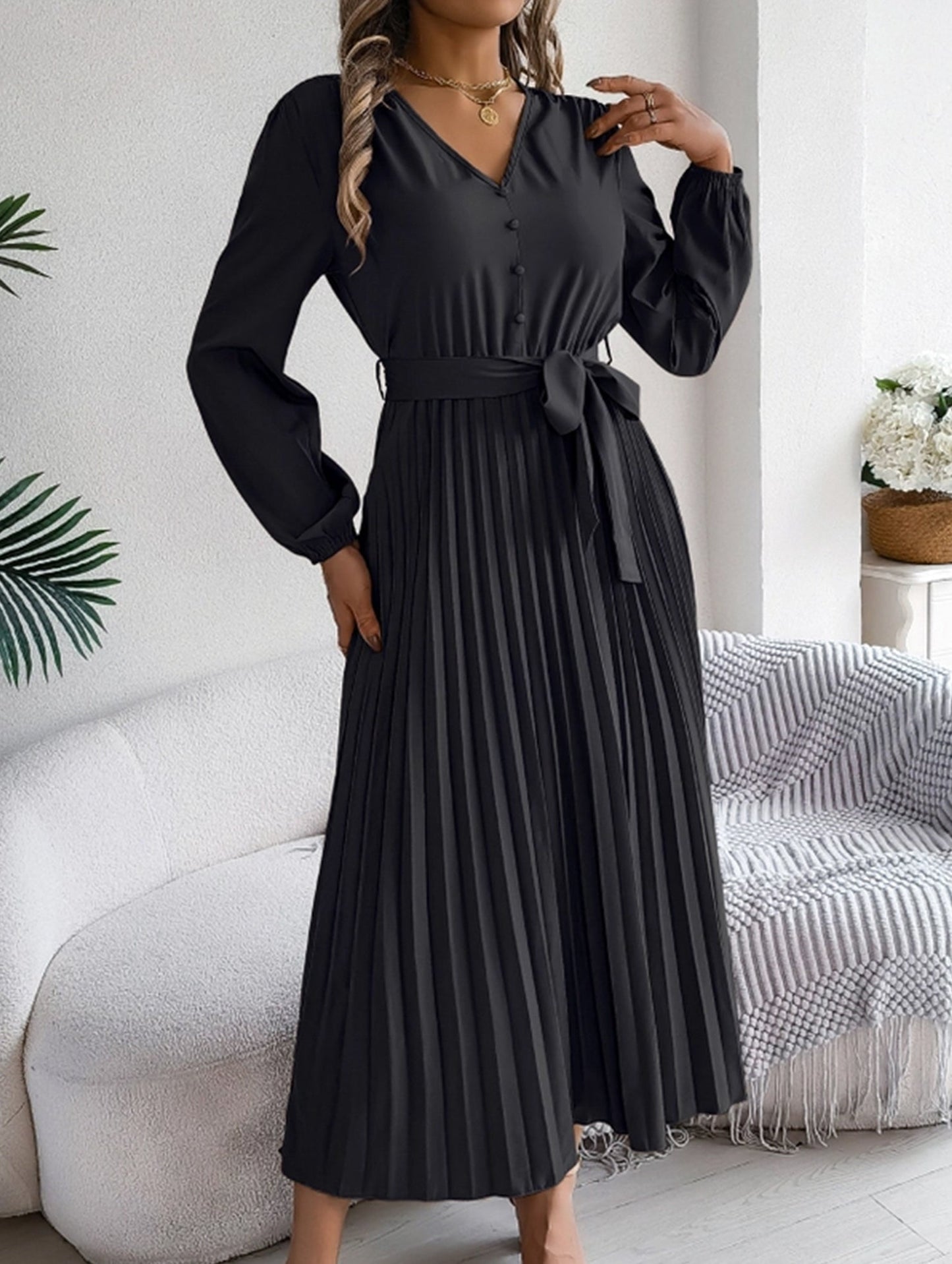 V-NECK BUTTON-UP LONG PLEATED DRESS