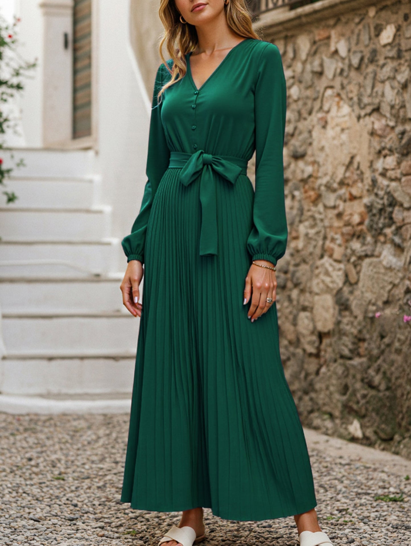 V-NECK BUTTON-UP LONG PLEATED DRESS