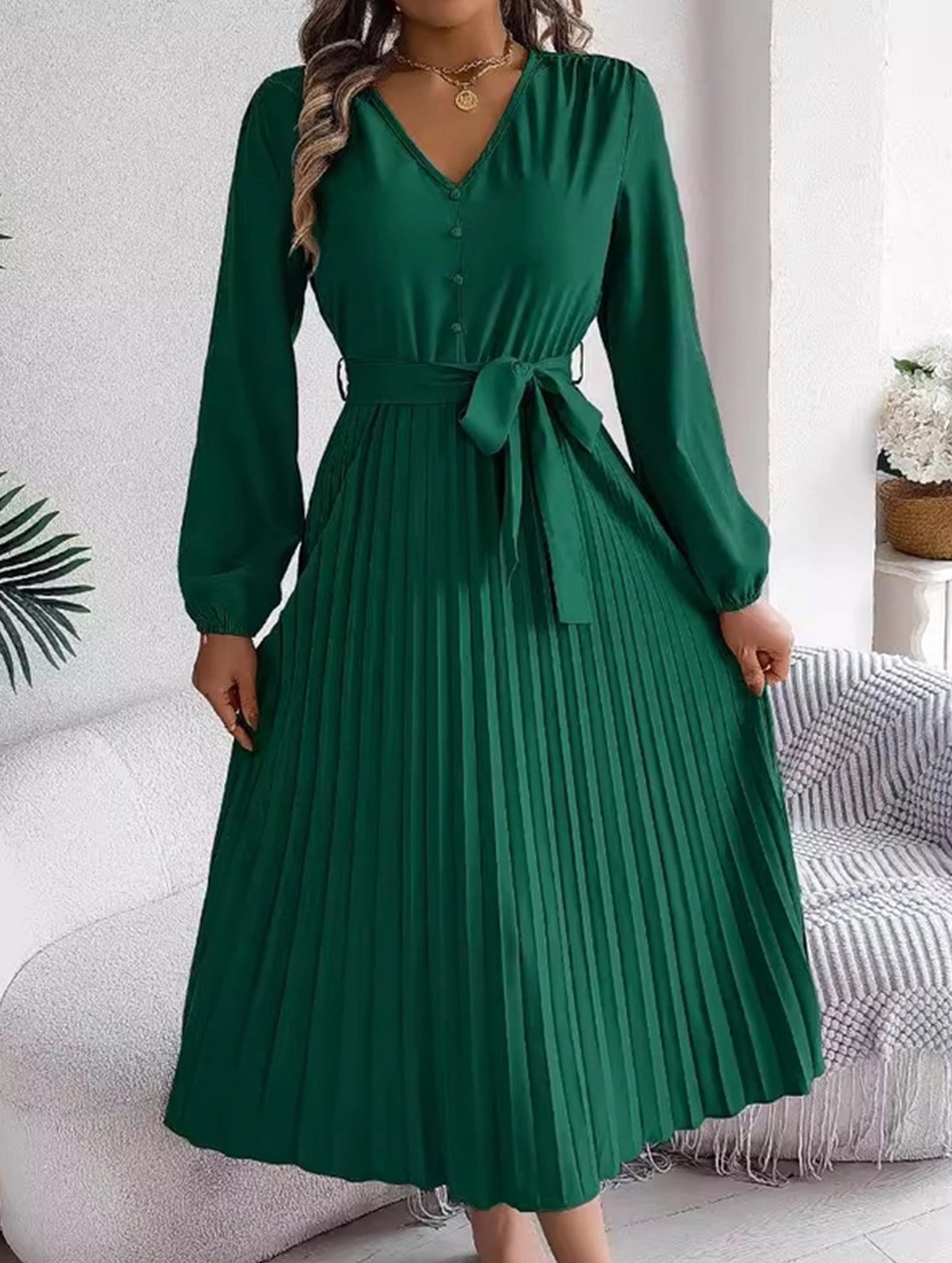 V-NECK BUTTON-UP LONG PLEATED DRESS