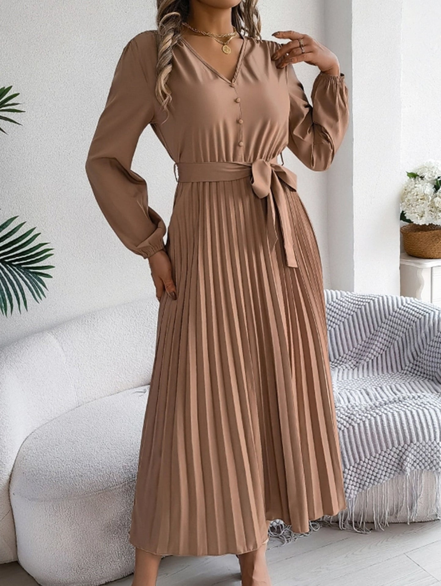 V-NECK BUTTON-UP LONG PLEATED DRESS
