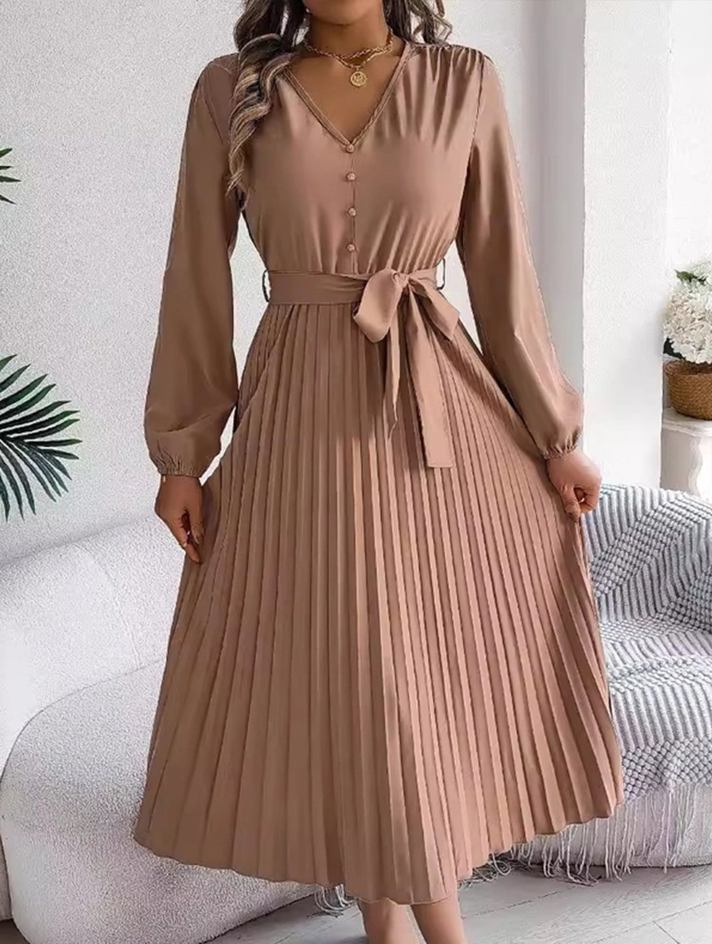 V-NECK BUTTON-UP LONG PLEATED DRESS