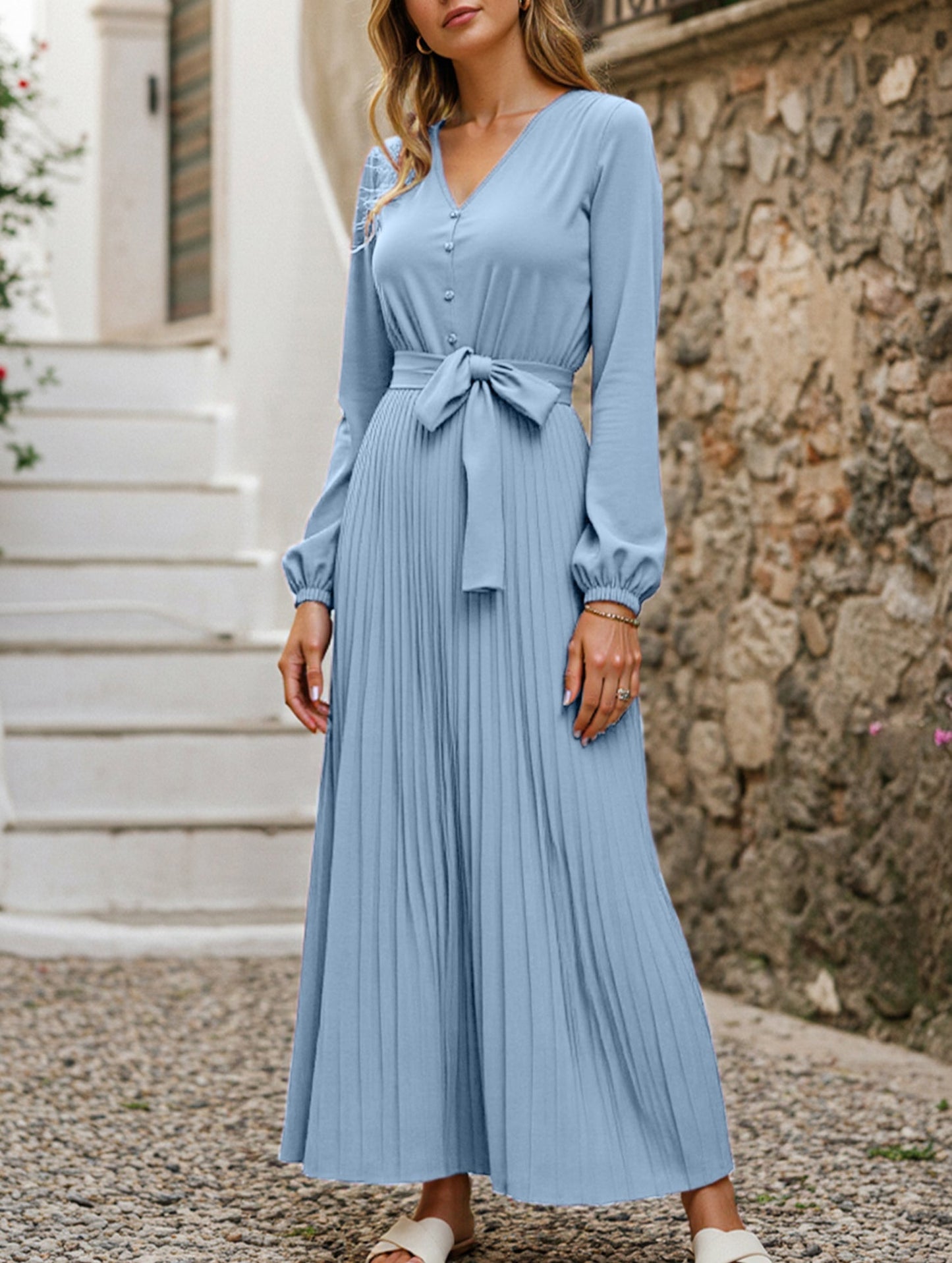 V-NECK BUTTON-UP LONG PLEATED DRESS