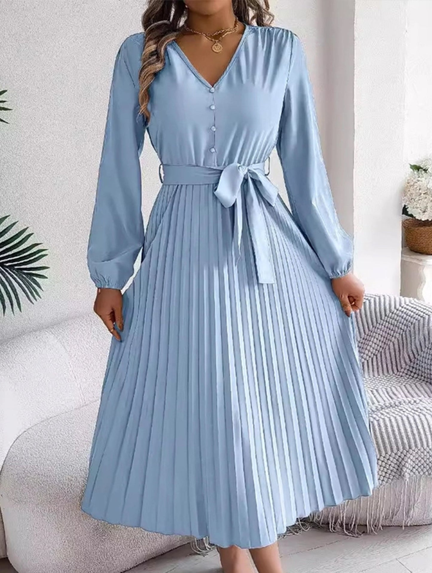 V-NECK BUTTON-UP LONG PLEATED DRESS