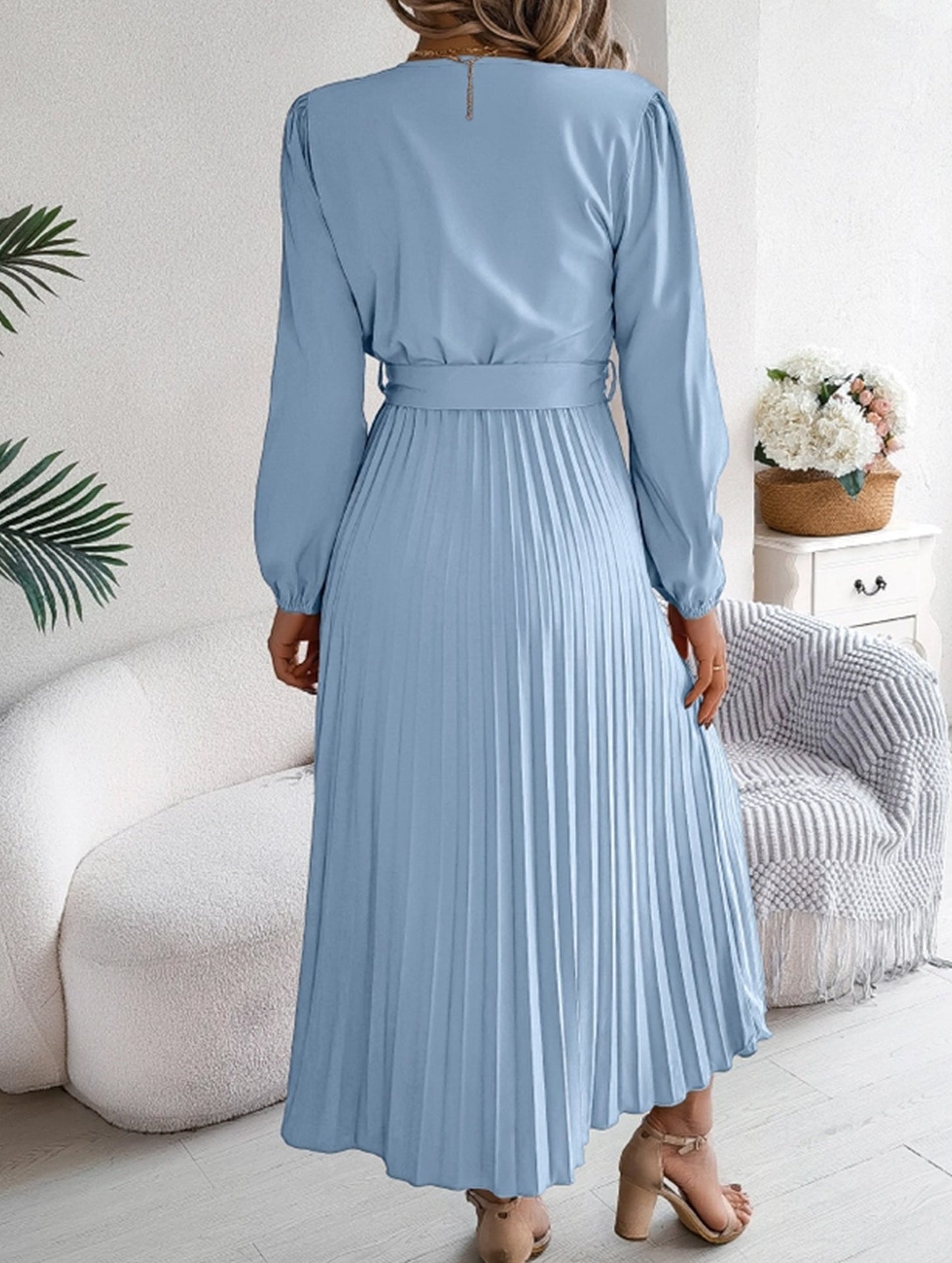 V-NECK BUTTON-UP LONG PLEATED DRESS